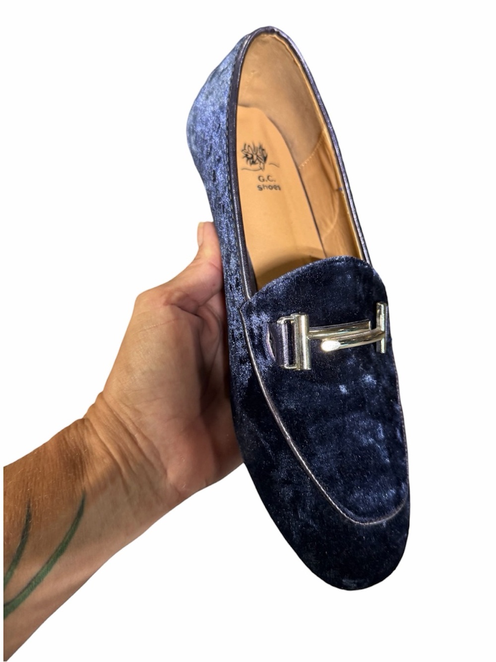 GC Shoes Velvet Bit Loafers Navy Blue Slip On Smoking Flats Size 8